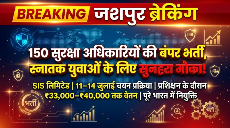 150 पदों पर निकली सुरक्षा अधिकारी भर्ती, स्नातक युवाओं के लिए बड़ा मौका — 11 से 14 जुलाई तक चयन प्रक्रिया, प्रशिक्षण के साथ वेतन और कई आकर्षक सुविधाएं