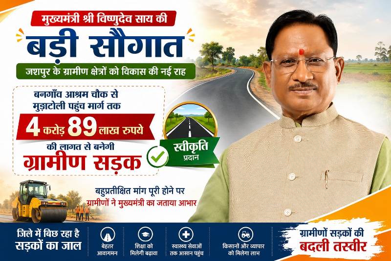 जशपुर में विकास का बड़ा ऐलान! मुख्यमंत्री विष्णुदेव साय ने बनगाँव आश्रम चौक से मुड़ाटोली सड़क के लिए 4.89 करोड़ रुपये किए मंजूर, वर्षों पुरानी मांग पूरी होने से ग्रामीणों में जश्न