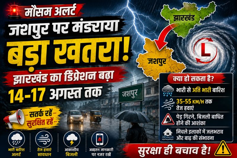 आसमान से आफत की दस्तक! जशपुर की ओर बढ़ रहा झारखंड का डिप्रेशन, 14-15 अगस्त को भारी से अति भारी बारिश की चेतावनी, तेज हवाएं मचाएंगी तबाही!