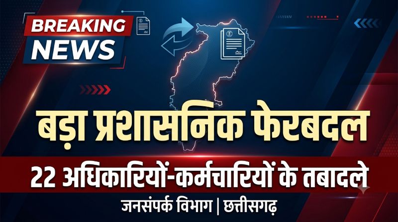जनसंपर्क विभाग में सरकार का बड़ा ट्रांसफर आदेश जारी, 22 अधिकारी-कर्मचारी इधर से उधर; नवा रायपुर से लेकर कई जिलों तक बदली जिम्मेदारियां….देखें सूची…!