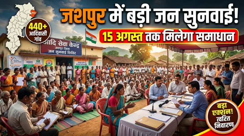 जशपुर के 440 जनजातीय गांवों में खुला समाधान का रास्ता! आदि सेवा केन्द्रों में 15 अगस्त तक जन सुनवाई, शिकायतों से लेकर सरकारी योजनाओं तक एक ही जगह मिलेगा समाधान