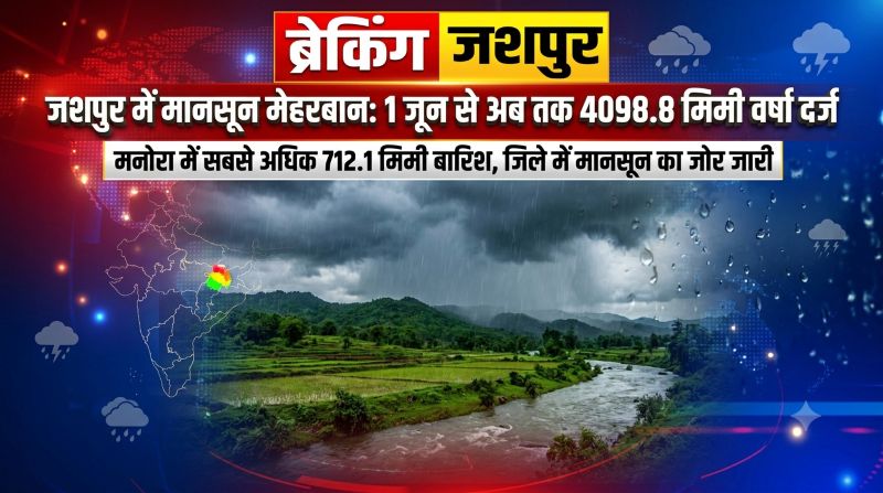 जशपुर में मानसून मेहरबान: 1 जून से अब तक 4098.8 मिमी वर्षा दर्ज, मनोरा बना जिले का सबसे अधिक बारिश वाला क्षेत्र