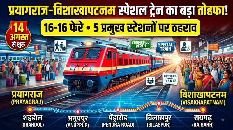 प्रयागराज–विशाखापटनम यात्रियों के लिए बड़ी राहत, 14 अगस्त से 16 फेरों में चलेगी साप्ताहिक स्पेशल ट्रेन; शहडोल से रायगढ़ तक यात्रियों को मिलेगी सीधी रेल सुविधा