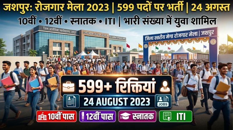 जशपुर में युवाओं के लिए बड़ा मौका! 24 अगस्त को रोजगार मेला, 599 पदों पर भर्ती; 10वीं से स्नातक और ITI पास अभ्यर्थियों को मिलेगा अवसर