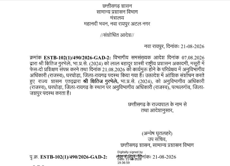 शासन का बड़ा फैसला: IAS क्षितिज गुरभेले बने पत्थलगांव के नए अनुविभागीय अधिकारी, संशोधित आदेश के बाद बदली पदस्थापना