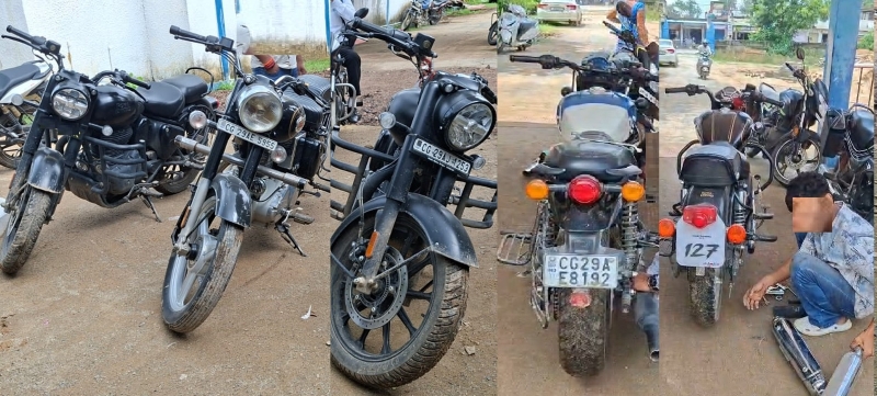 बुलेट में तेज आवाज वाला साइलेंसर लगाकर फर्राटा भरना पड़ा भारी, वाहनों से मॉडिफाइड साइलेंसर निकलवाए, सूरजपुर यातायात पुलिस ने पाँच वाहन चालकों पर की सख्त कार्रवाई,