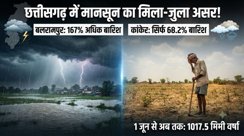 कहीं झमाझम तो कहीं बारिश का इंतजार! छत्तीसगढ़ में मानसून का असमान असर, बलरामपुर में 167% अधिक बारिश तो कांकेर सबसे पीछे