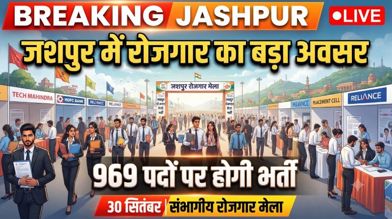 जशपुर में रोजगार का बड़ा अवसर: 30 सितंबर को संभागीय रोजगार मेला, 969 पदों पर होगी भर्ती; 10वीं से स्नातक तक के युवाओं को मिलेगा मौका