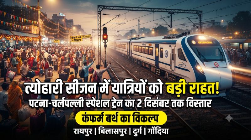 त्योहारों पर घर जाने वालों के लिए खुशखबरी! पटना-चर्लपल्ली स्पेशल ट्रेन के फेरे बढ़े, 21 सितंबर से 2 दिसंबर तक चलेगी अतिरिक्त सेवा; रायपुर, बिलासपुर, दुर्ग और गोंदिया के यात्रियों को भी मिलेगा फायदा