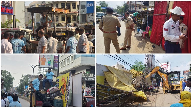 अतिक्रमणकारियों पर पुलिस-नगर निगम का महाअभियान, कोतवाली से जयस्तंभ चौक तक कार्रवाई; लोधीपारा-मंडी गेट मार्ग पर बुलडोजर से अवैध कब्जे ध्वस्त