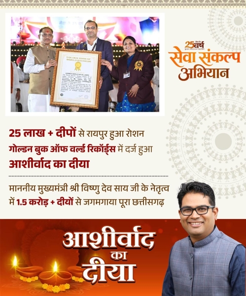 1.50 करोड़ से ज्यादा दीयों से जगमगाया छत्तीसगढ़, रायपुर में 25 लाख दीपों का महासंगम; ‘आशीर्वाद का दीया’ का नाम गोल्डन बुक ऑफ वर्ल्ड रिकॉर्ड्स में दर्ज