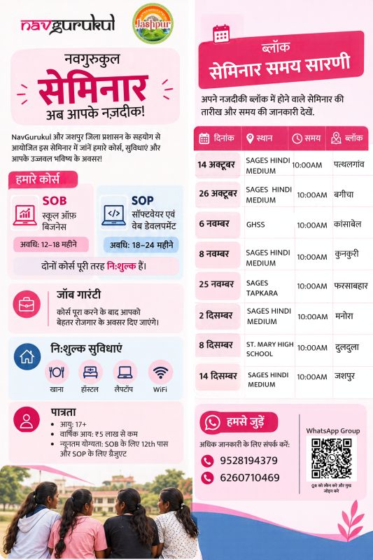 जशपुर की युवतियां अब हर महीने कमा रहीं ₹31 हजार तक! मुफ्त पढ़ाई, लैपटॉप और नौकरी का मौका… 14 अक्टूबर को पत्थलगांव में लगेगा करियर सेमिनार, जानिए कैसे बदल सकती है आपकी भी जिंदगी!