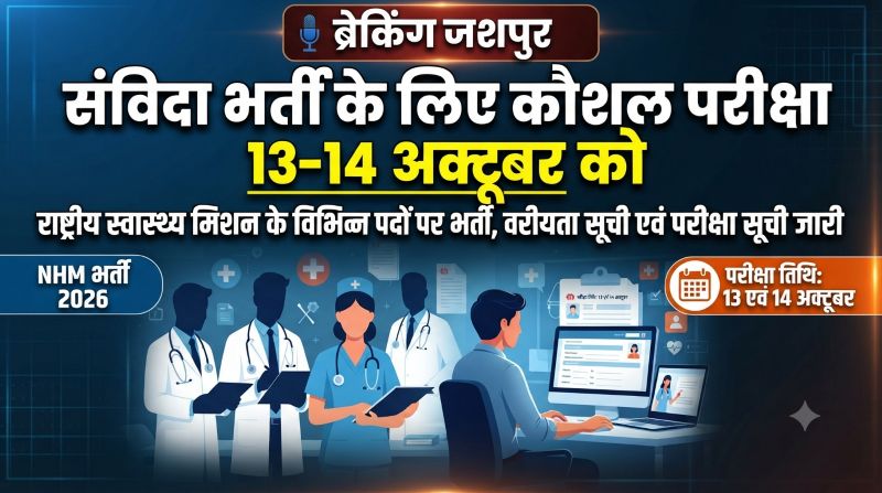 राष्ट्रीय स्वास्थ्य मिशन में संविदा भर्ती का अहम चरण, 13-14 अक्टूबर को होगी कौशल दक्षता परीक्षा—जशपुर जिले की वरीयता सूची और परीक्षा सूची वेबसाइट पर जारी, अभ्यर्थी समय पर करें जानकारी की जांच
