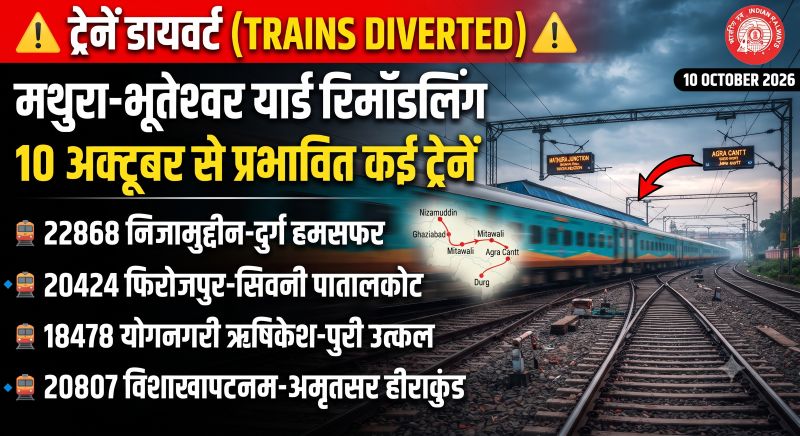 मथुरा-भूतेश्वर में रेलवे का बड़ा इंफ्रास्ट्रक्चर काम, 9-10 अक्टूबर को कई ट्रेनों का बदलेगा रूट; दुर्ग, सिवनी और पुरी जाने वाले यात्रियों की यात्रा होगी प्रभावित