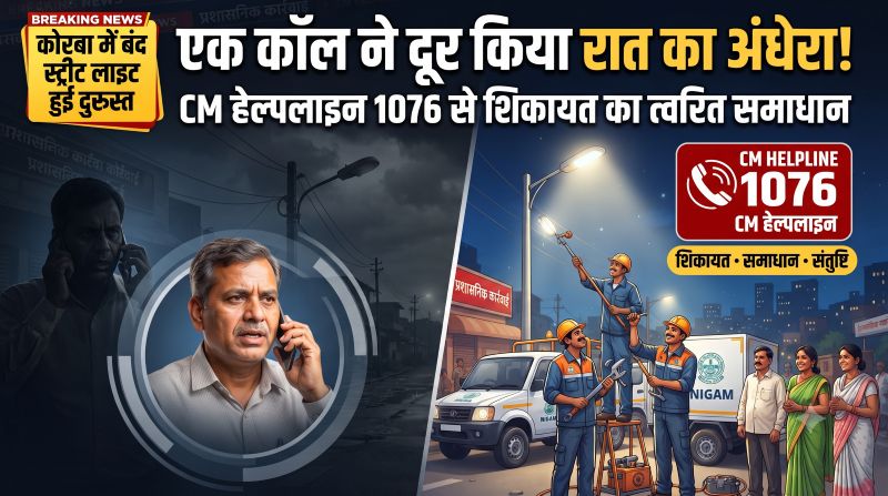 शिकायत दर्ज हुई तो शुरू हुई कार्रवाई… फिर आया समाधान का संदेश! कोरबा में बंद स्ट्रीट लाइट की समस्या CM हेल्पलाइन 1076 ने कराई दूर—नागरिक की संतुष्टि के बाद ही बंद हुई शिकायत