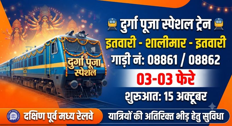 दुर्गा पूजा में घर जाना होगा आसान: इतवारी–शालीमार के बीच स्पेशल ट्रेन का ऐलान, डोंगरगढ़, दुर्ग, रायपुर, बिलासपुर समेत प्रमुख स्टेशनों पर ठहराव; दोनों दिशाओं में लगाएगी 3-3 फेरे