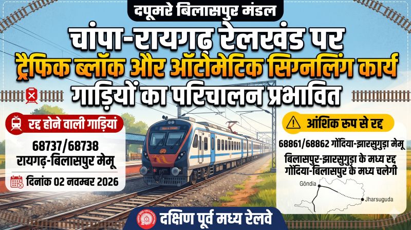 छत्तीसगढ़ में रेल सफर करने वालों की बढ़ सकती है परेशानी! सक्ती-झाराडीह-खरसिया के बीच रेलवे का बड़ा काम, 2 नवंबर को दो मेमू ट्रेनें पूरी तरह रद्द तो एक का बदलेगा परिचालन मार्ग—देखें कौन-सी ट्रेन कहां तक चलेगी!
