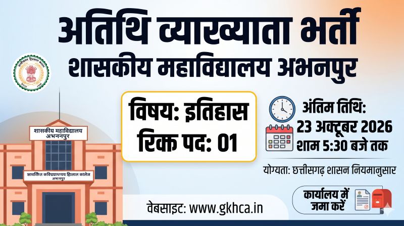 रायपुर के अभनपुर कॉलेज में अतिथि व्याख्याता की भर्ती, इतिहास विषय में 1 पद खाली; 23 अक्टूबर तक करें आवेदन