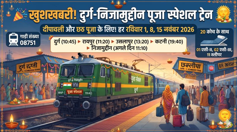 त्योहारों में घर जाने वालों के लिए खुशखबरी! दुर्ग-निजामुद्दीन रूट पर नवंबर में दौड़ेगी पूजा स्पेशल ट्रेन, 20 कोच के साथ मिलेगी यात्रा की सुविधा—किस दिन चलेगी ट्रेन और आपके स्टेशन पर कितने बजे पहुंचेगी?