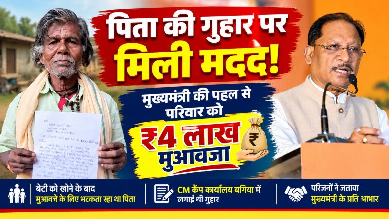 आंगनबाड़ी में आग से झुलसकर हुई थी बेटी की मौत, लंबे समय से अटकी थी मुआवजे की राशि; पिता की फरियाद पर CM कैंप कार्यालय बगिया ने बढ़ाया मदद का हाथ, परिवार को मिला 4 लाख रुपये का सहारा!
