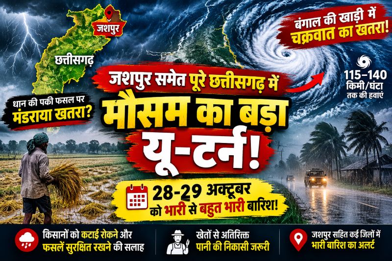 जशपुर में भी बदलेगा मौसम का मिजाज! बंगाल की खाड़ी में चक्रवाती हलचल से छत्तीसगढ़ में भारी बारिश के संकेत, 28-29 अक्टूबर को बढ़ सकती है मुसीबत! धान की पकी फसल पर मंडराया खतरा, किसानों को कटाई रोकने और फसल बचाने की सलाह