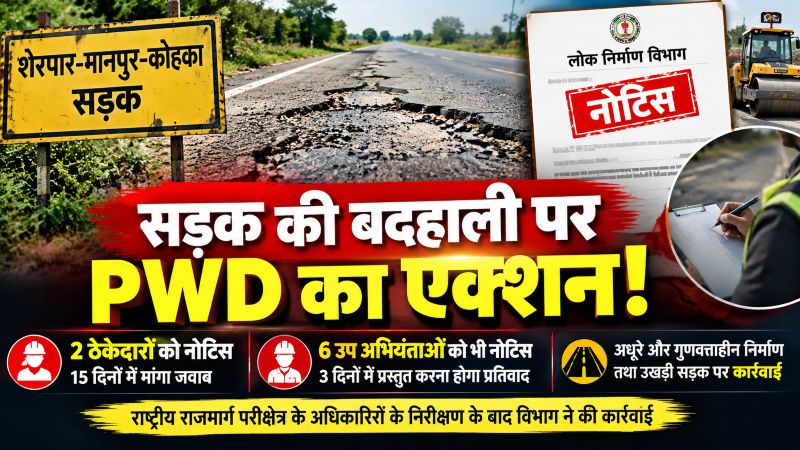 शेरपार-मानपुर-कोहका सड़क की बदहाली पर विभाग सख्त! अधूरे और गुणवत्ताहीन काम की जांच के बाद ठेकेदारों पर कार्रवाई, जवाब संतोषजनक नहीं मिला तो अधिकारियों पर भी गिर सकती है गाज!