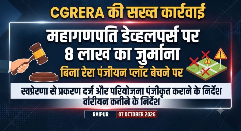 बिना RERA पंजीयन प्लॉट बेचने पर CGRERA की सख्ती, महागणपति डेव्हलपर्स पर 8 लाख रुपये का अर्थदंड; परियोजना का अनिवार्य पंजीयन कराने के भी दिए निर्देश