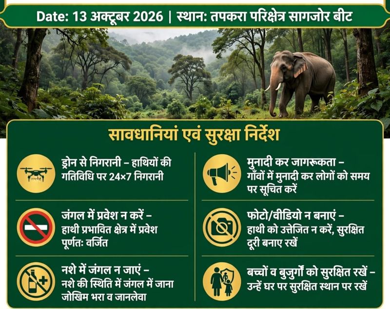 सागजोर बीट में हाथियों की खबर मिलते ही हरकत में आया वन अमला, गांवों तक पहुंचाई गई सूचना! आखिर क्यों वन विभाग ने बच्चों-बुजुर्गों को सुरक्षित रखने और जंगल से दूर रहने की अपील की?
