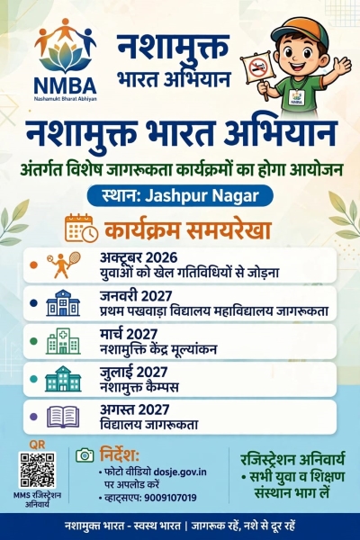 युवाओं से कॉलेज कैंपस तक चलेगी नशे के खिलाफ मुहिम, जशपुर में तैयार हुआ विशेष प्लान! अक्टूबर 2026 से अगस्त 2027 तक होंगे जागरूकता कार्यक्रम, नशामुक्ति केंद्रों का भी होगा मूल्यांकन