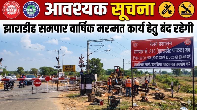 रात 8 बजे से सुबह 8 बजे तक बंद रहेगा झाराडीह फाटक, निकलने से पहले जान लें ये जरूरी अपडेट! रेलवे का वार्षिक मरम्मत कार्य, सड़क यातायात के लिए खरसिया फाटक रहेगा विकल्प