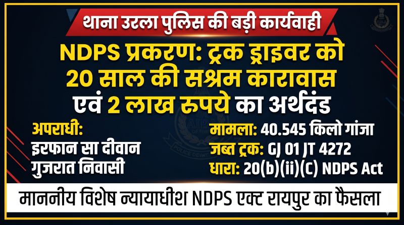 ट्रक के टूल बॉक्स में छिपाकर ला रहा था 40.545 किलो गांजा, अब 20 साल जेल में कटेंगे! रायपुर की विशेष अदालत ने आरोपी को ₹2 लाख जुर्माने की सजा सुनाई।