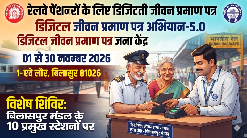 पेंशन अटकने की चिंता छोड़िए! रेलवे ने शुरू की डिजिटल जीवन प्रमाण पत्र जमा करने की विशेष पहल, नवंबर में बिलासपुर मंडल के 10 स्टेशनों पर मिलेंगी सुविधाएं; जानिए आपके नजदीकी स्टेशन में शिविर की तारीख