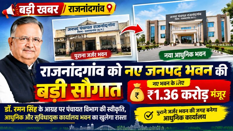 राजनांदगांव को नए जनपद पंचायत भवन की बड़ी सौगात, ₹1 करोड़ 36 लाख 42 हजार की राशि स्वीकृत—पुराने जर्जर कार्यालय की जगह बनेगा आधुनिक एवं सुविधायुक्त भवन, डॉ. रमन सिंह की पहल पर विकास को मिली नई रफ्तार
